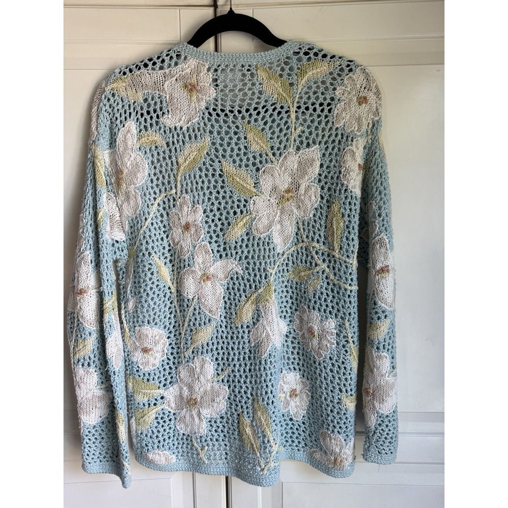 David Brooks Cardigan Open Weave Sweater Womens Medium Blue White Floral Vintage - Picture 2 of 10